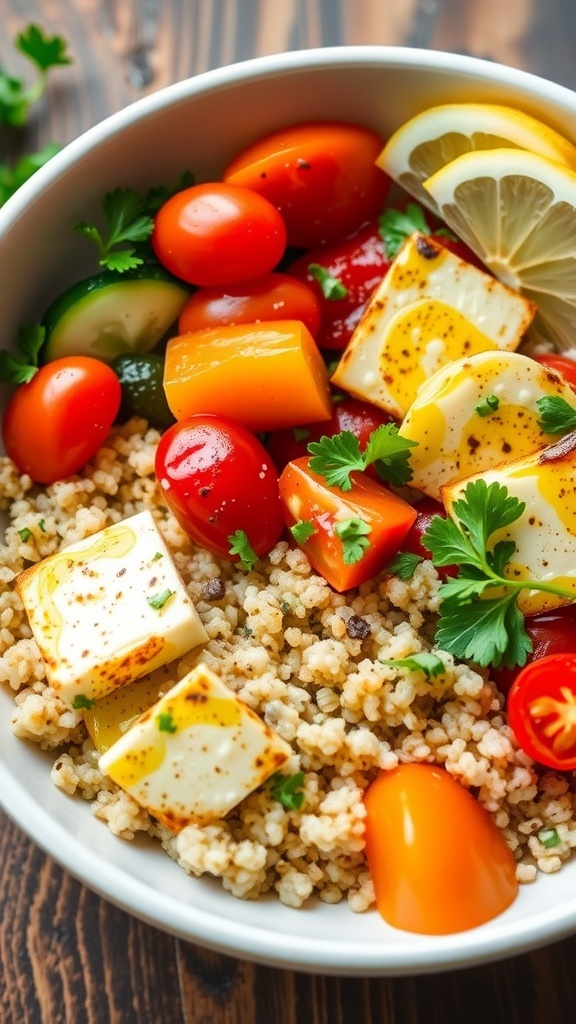 A healthy quinoa bowl with halloumi, cherry tomatoes, cucumber, and bell pepper, garnished with parsley.